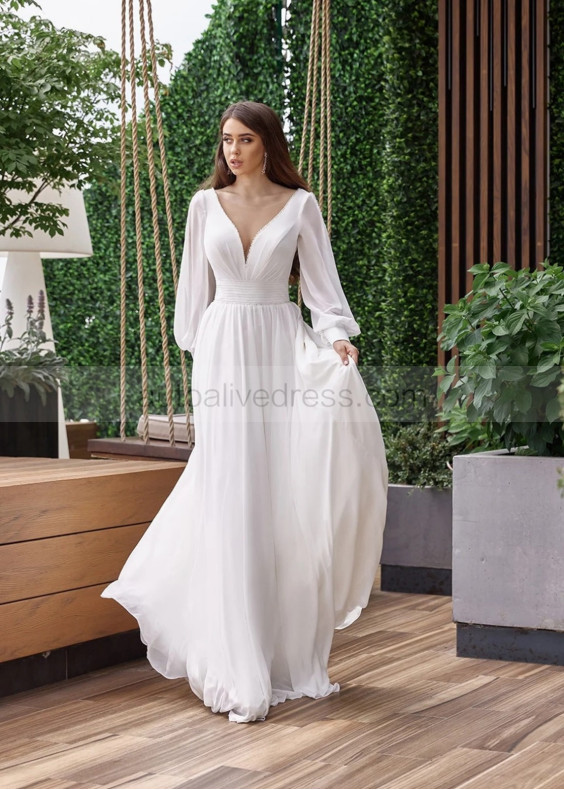 Transparent Sleeves Beaded Ivory Chiffon Classic Wedding Dress